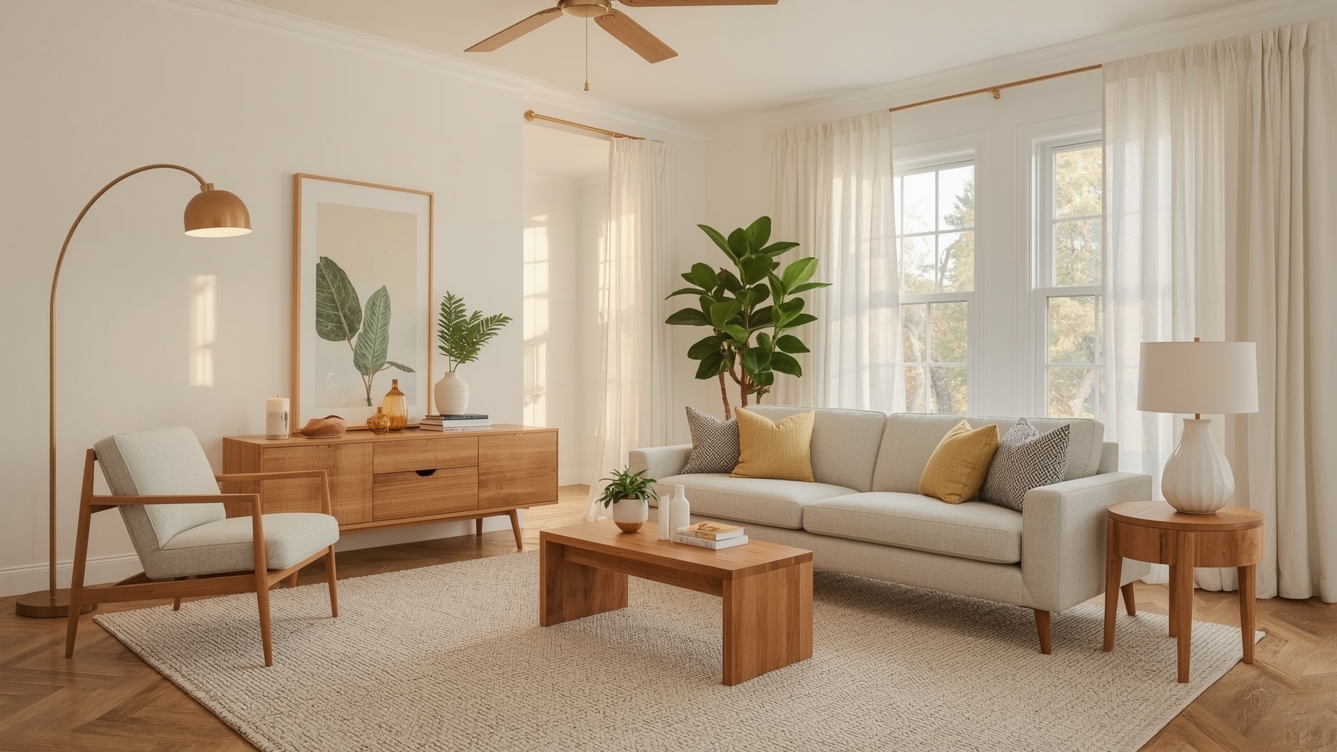 Budget living room styled to look expensive with layered lighting rugs and neutral tones