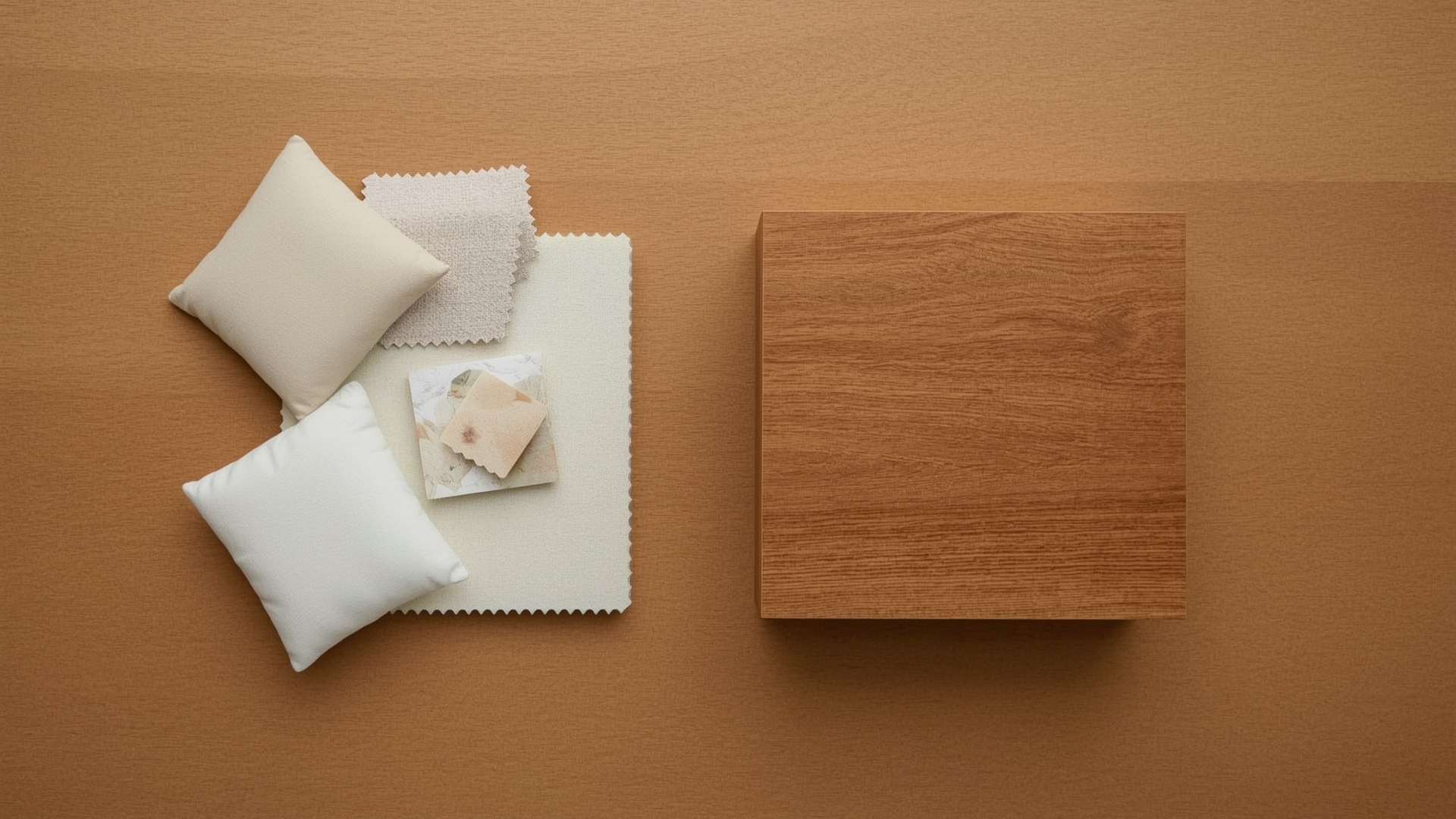 Flat lay comparison of new upholstery fabric versus solid secondhand wood furniture details
