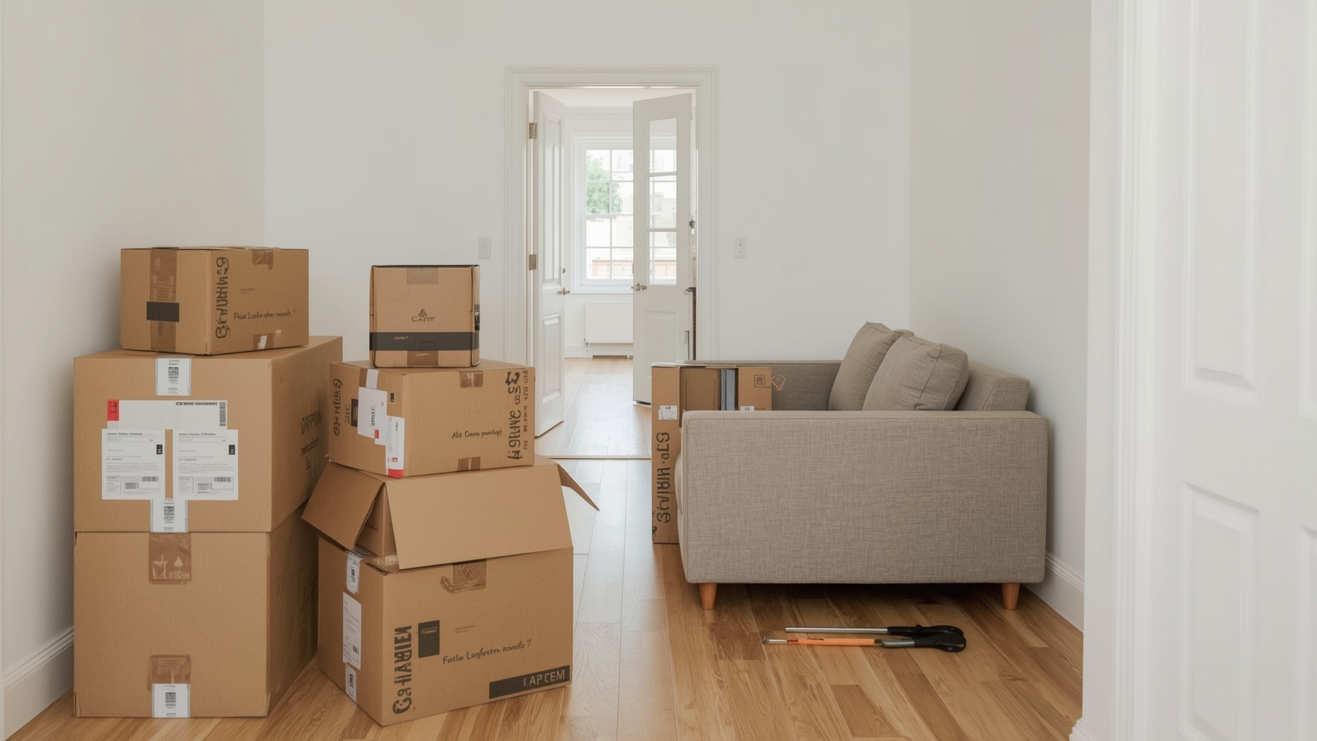 Flat-pack DTC furniture boxes being unpacked and assembled in a modern apartment entryway