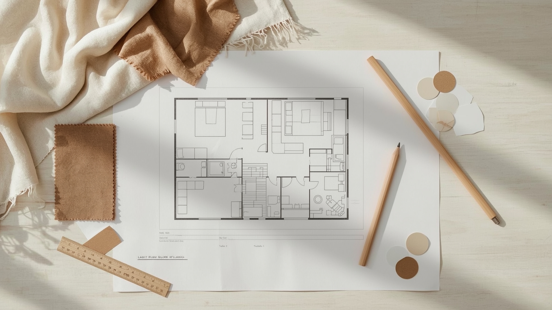 Interior design planning flat lay with fabric swatches ruler and floor plan sketches