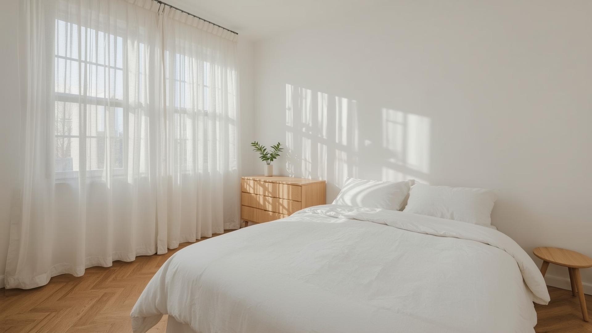 Minimalist newly furnished bedroom with light oak furniture and natural sunlight