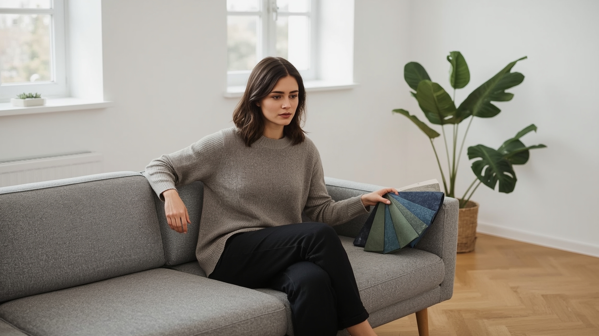 Woman testing sofa cushion firmness while reviewing fabric swatches in modern living room