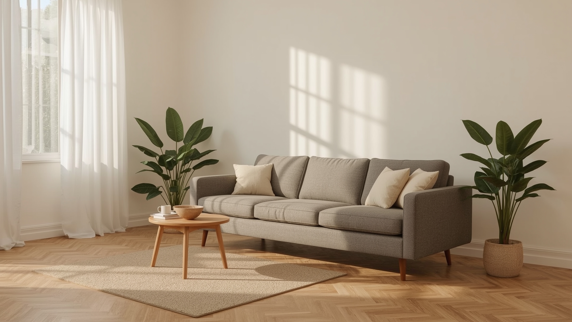 Affordable gray fabric sofa in a bright modern living room with natural lighting