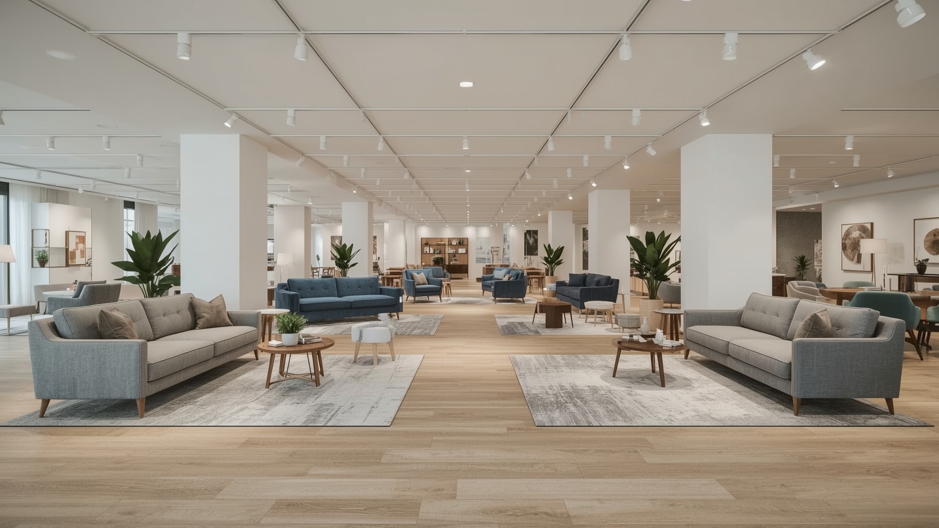 Bright furniture showroom displaying multiple affordable sofa styles for budget comparison shopping
