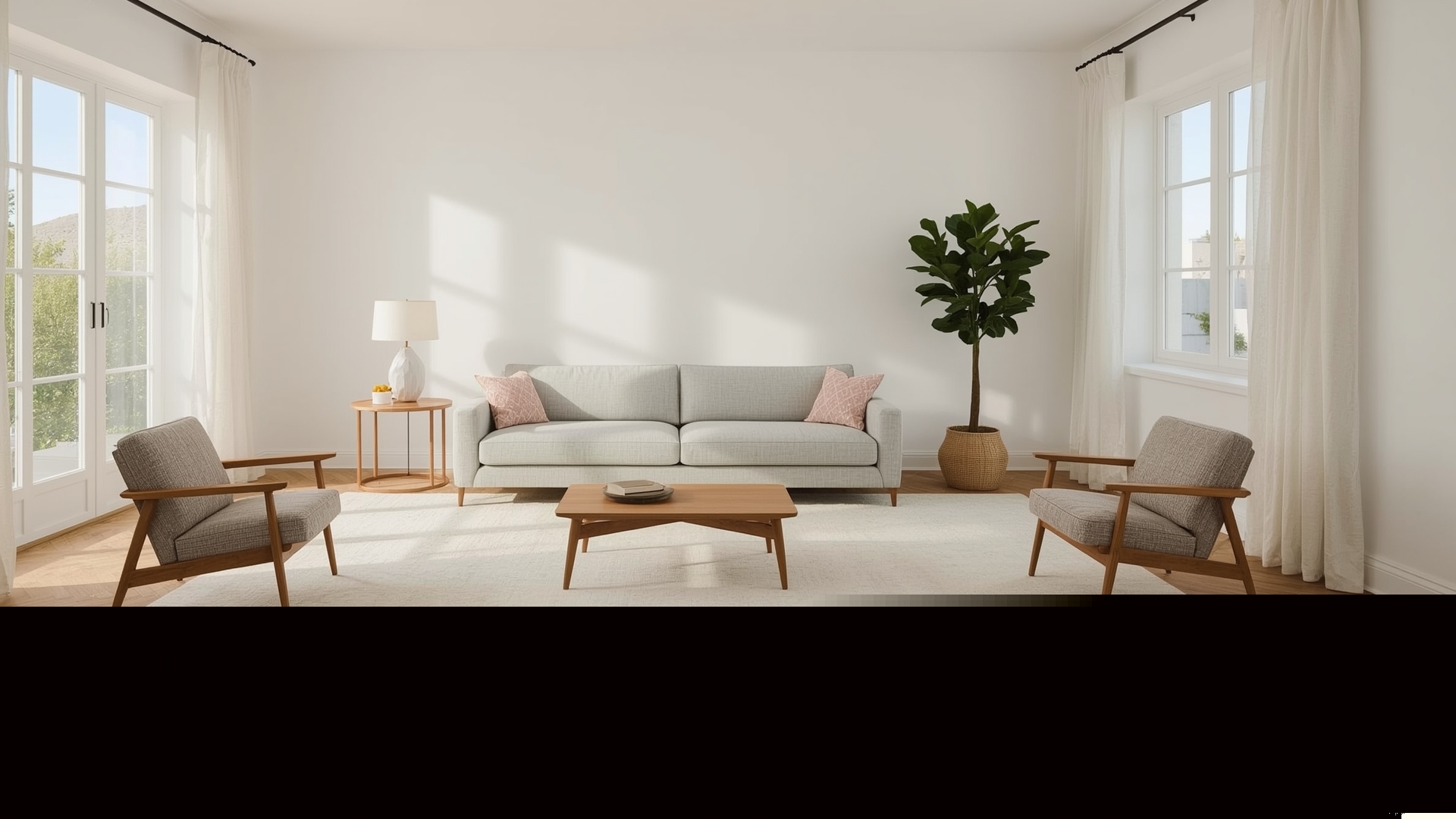 Bright living room with properly spaced furniture layout and clear walking pathways