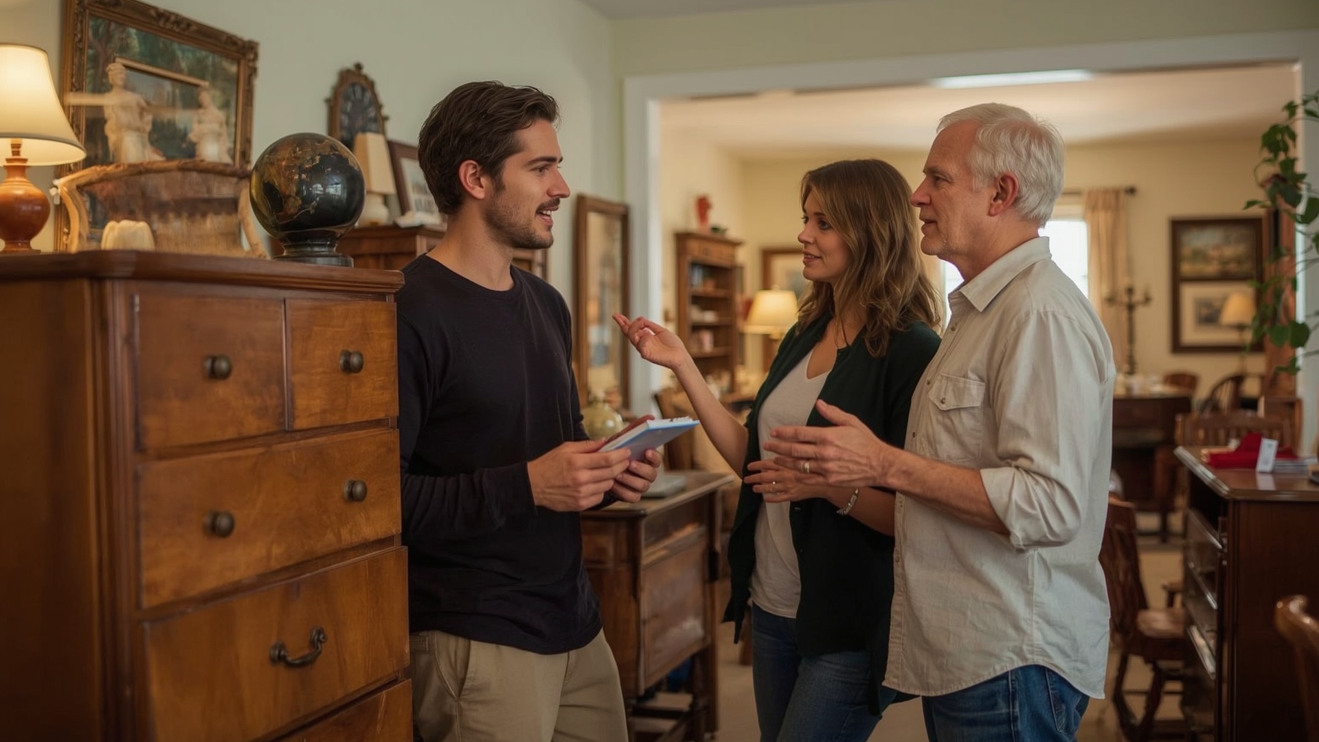 Buyer and estate sale staff member discussing furniture price beside vintage solid wood dresser