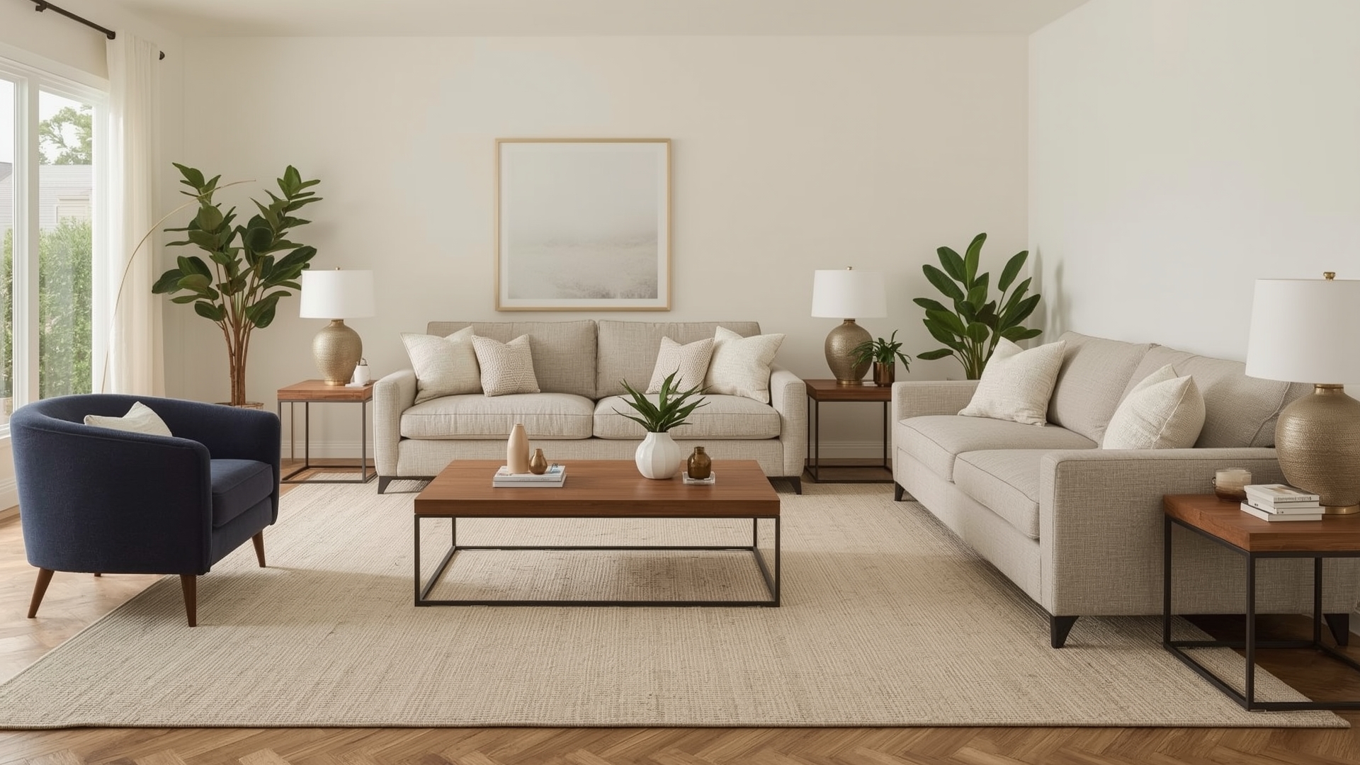 Complete transitional living room decorated from scratch with layered neutral tones and natural materials