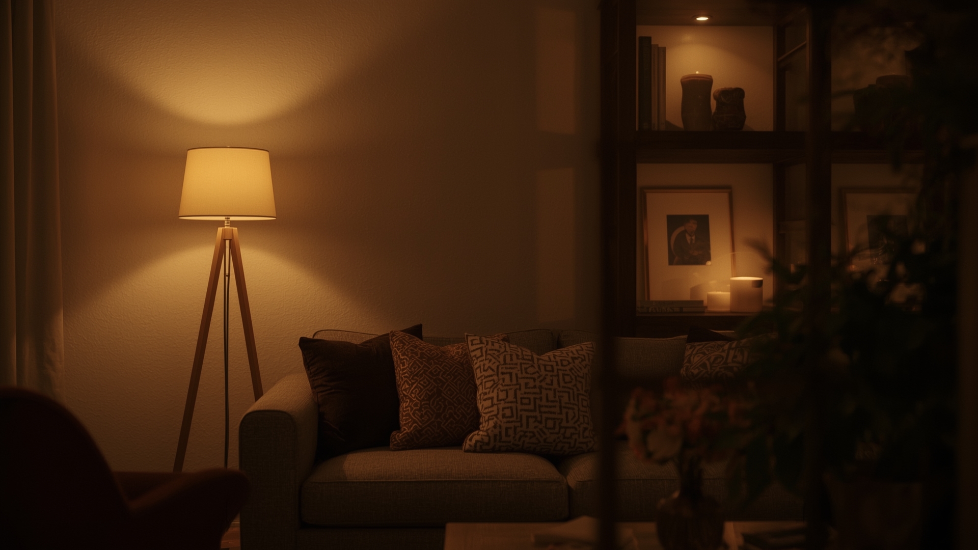Cozy living room with layered floor lamp table lamp and accent lighting at multiple levels