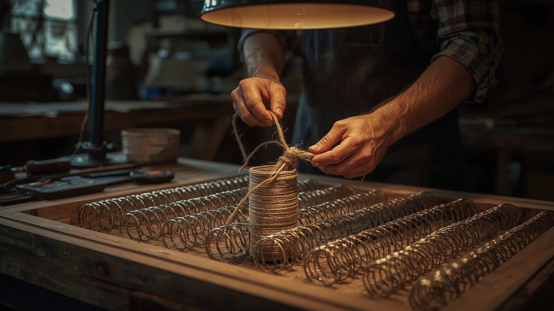 Craftsman hand-tying jute cord around coil springs on a sofa frame in upholstery workshop