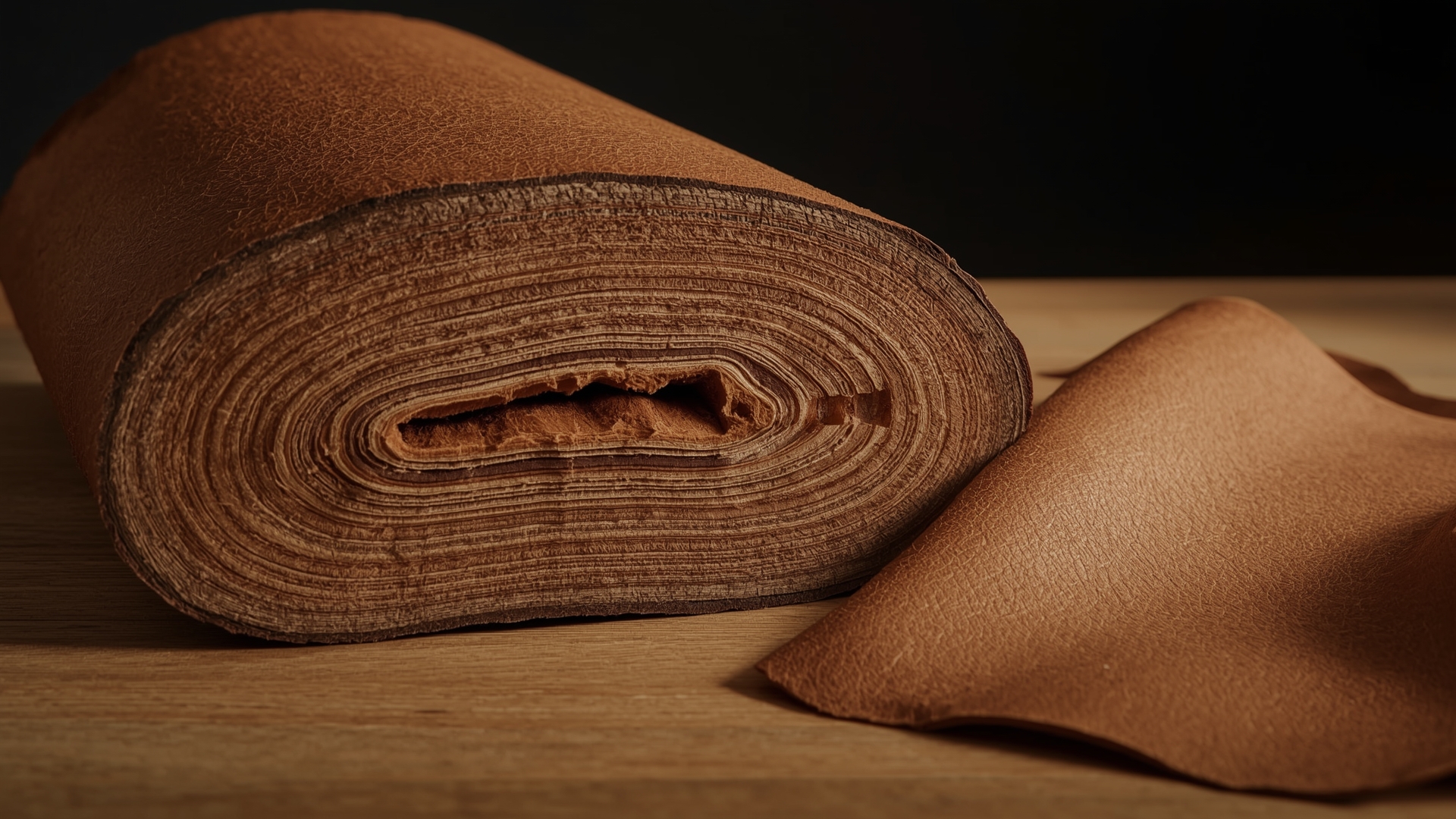 Cross-section of cowhide showing distinct leather layers from grain to corium