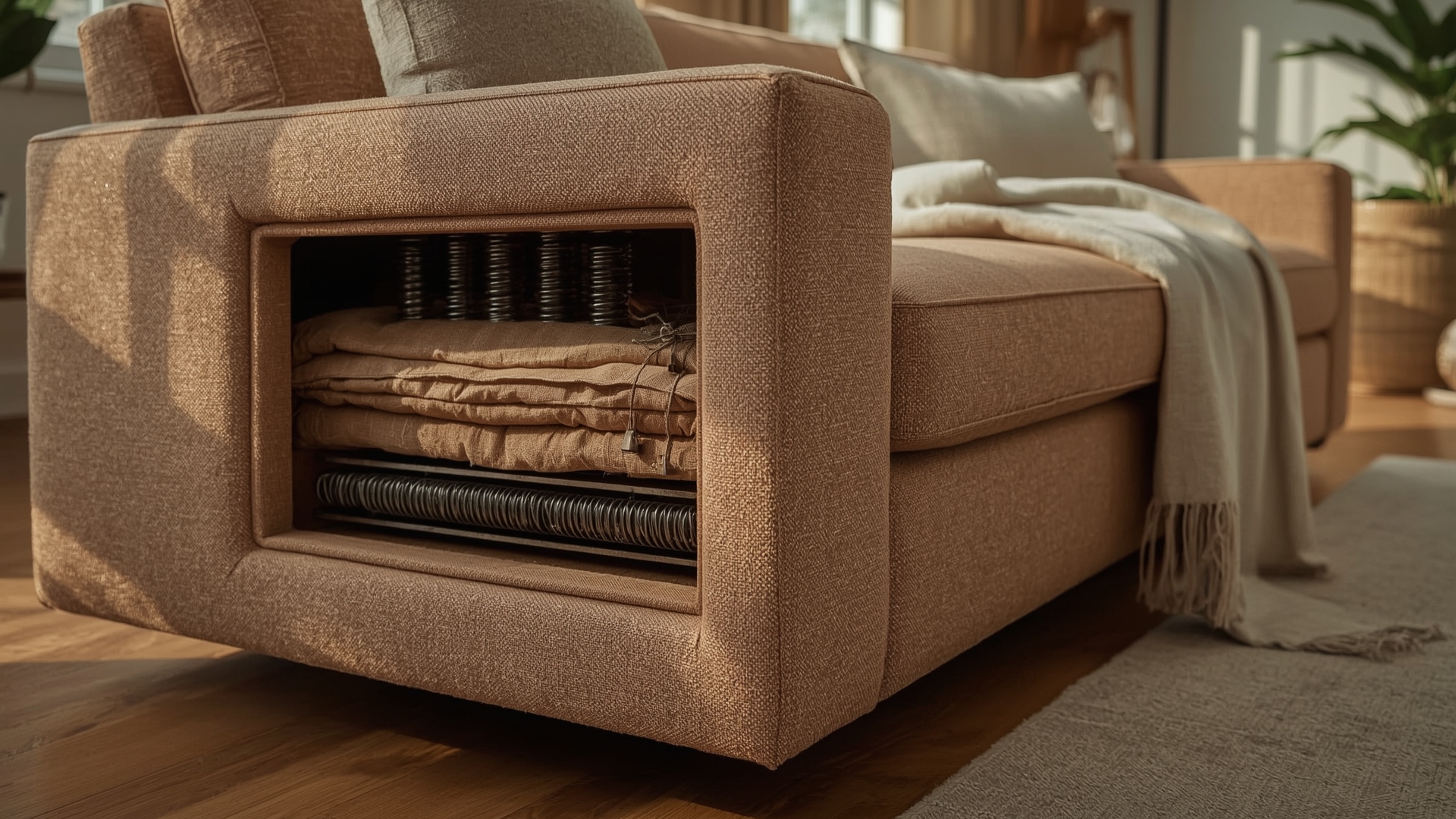 Cross-section view of sofa interior showing spring system construction and support layers