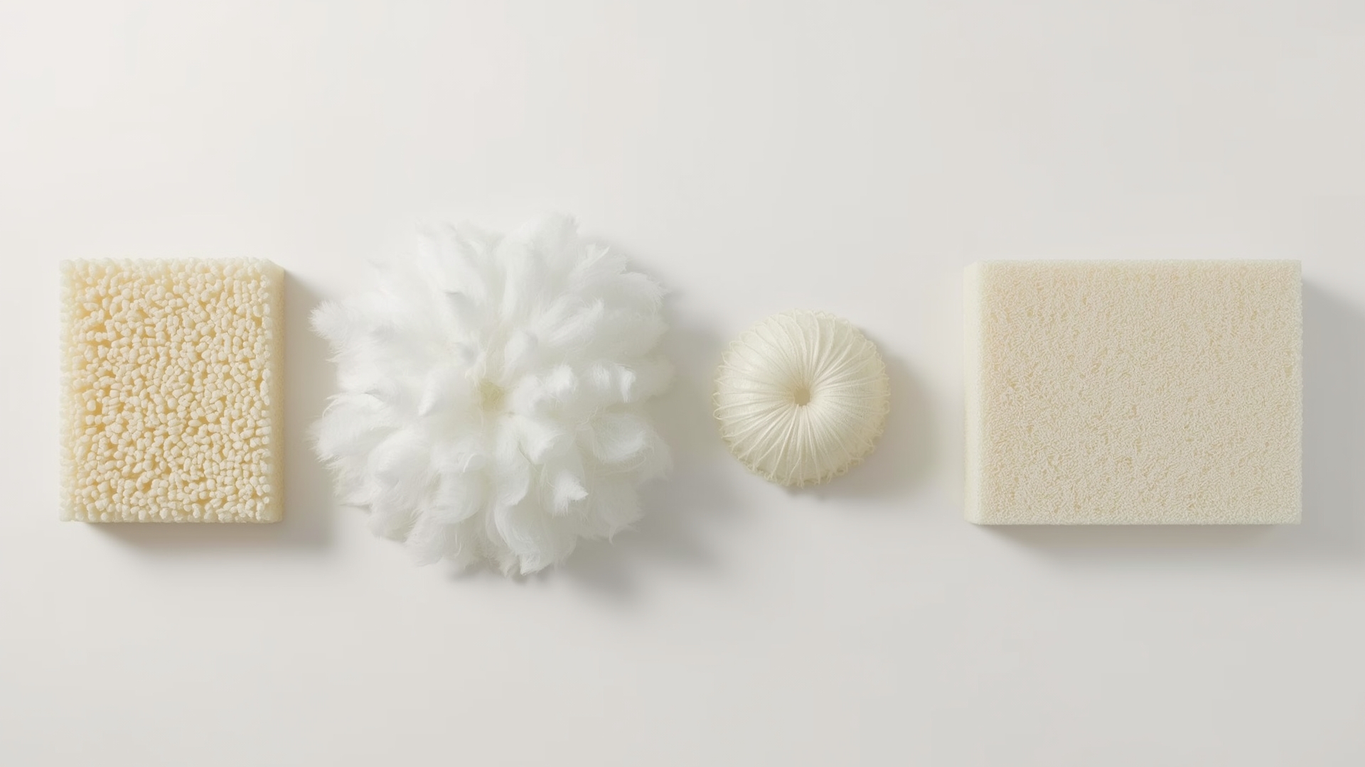 Five sofa cushion fill material samples displayed overhead including foam, down, polyester fiber, and pocket coil