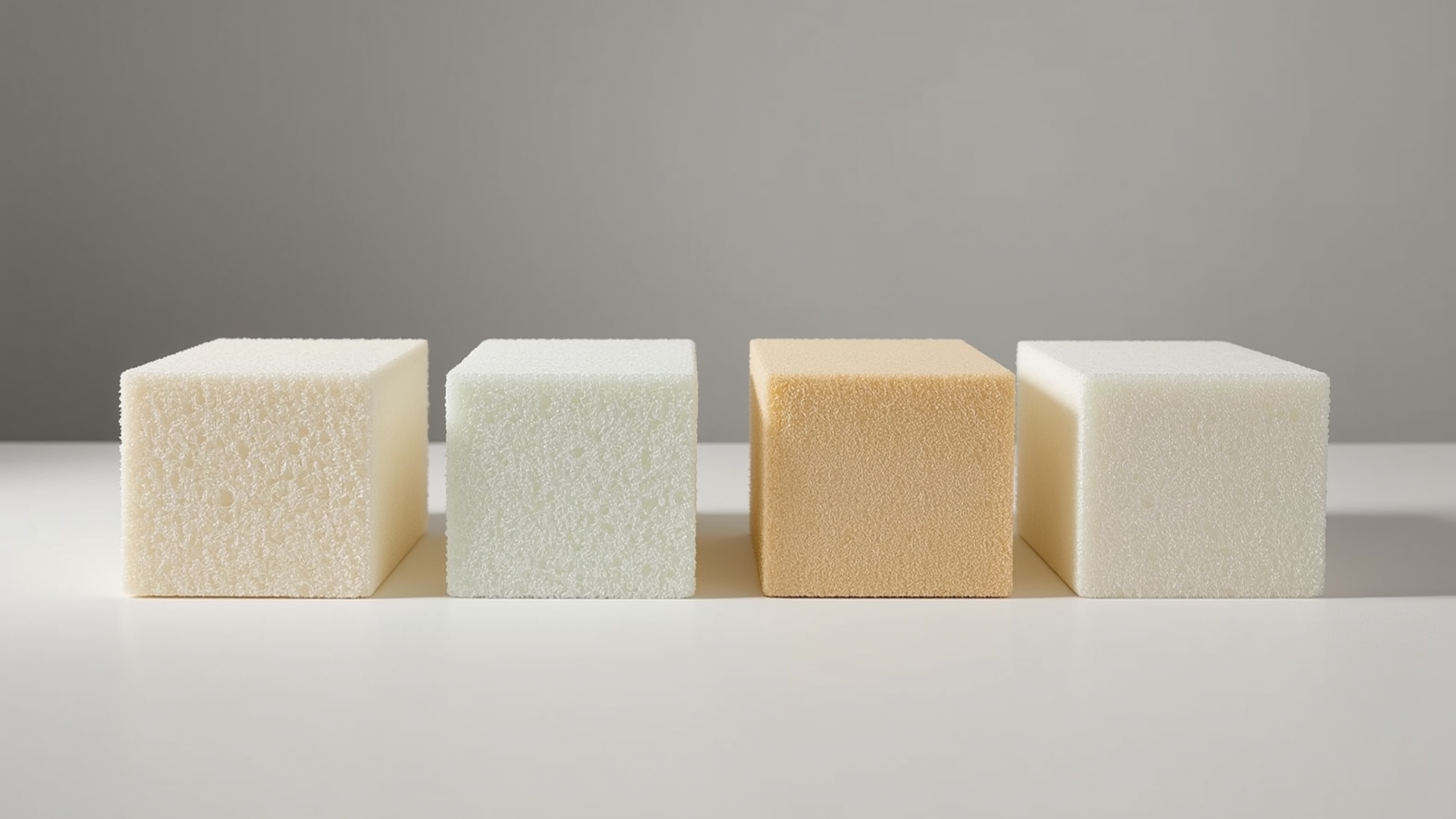 Four sofa foam density grade samples arranged side by side showing material quality differences