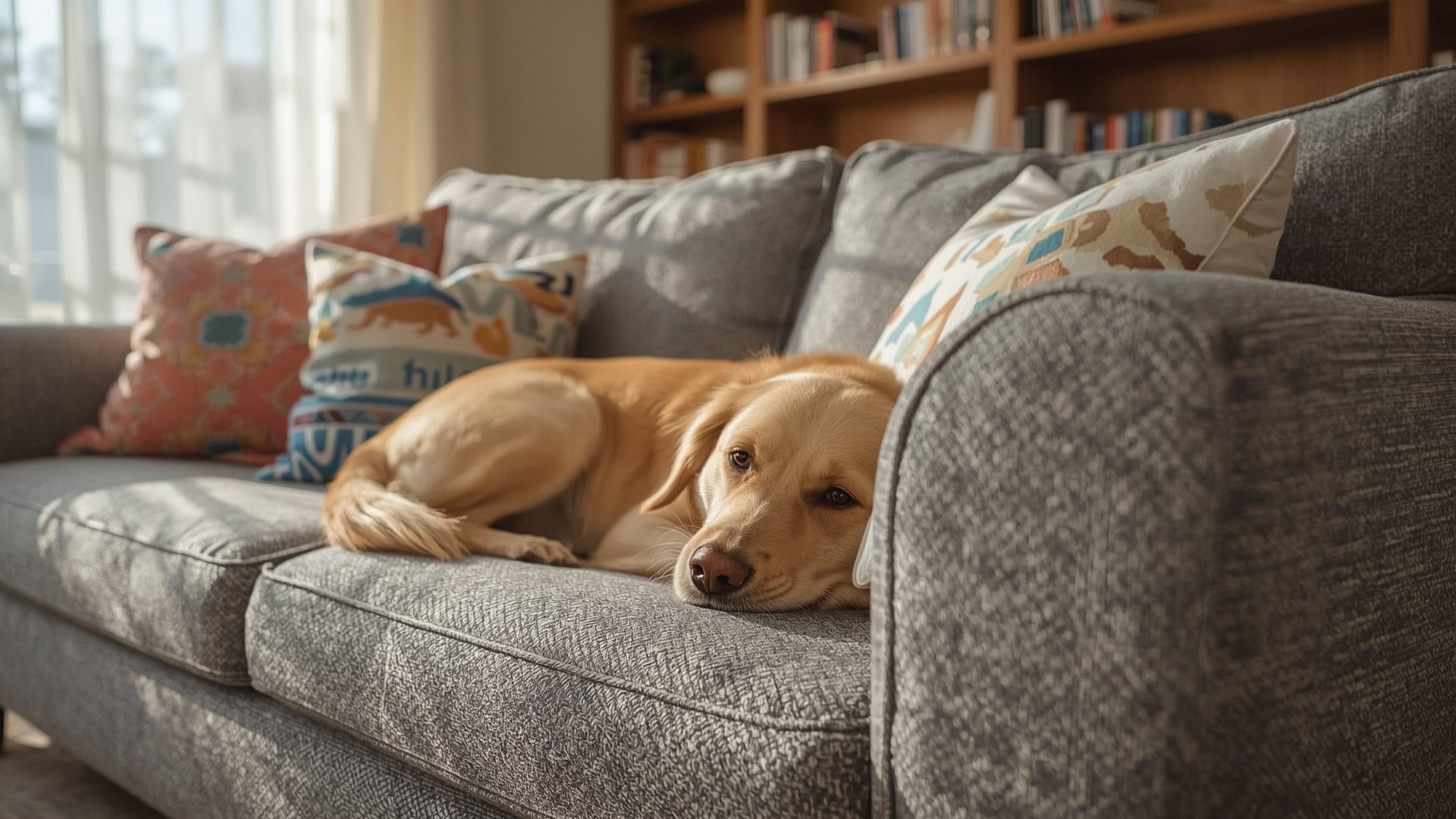 Golden retriever resting on a tightly woven grey upholstered family sofa in a sunlit living room