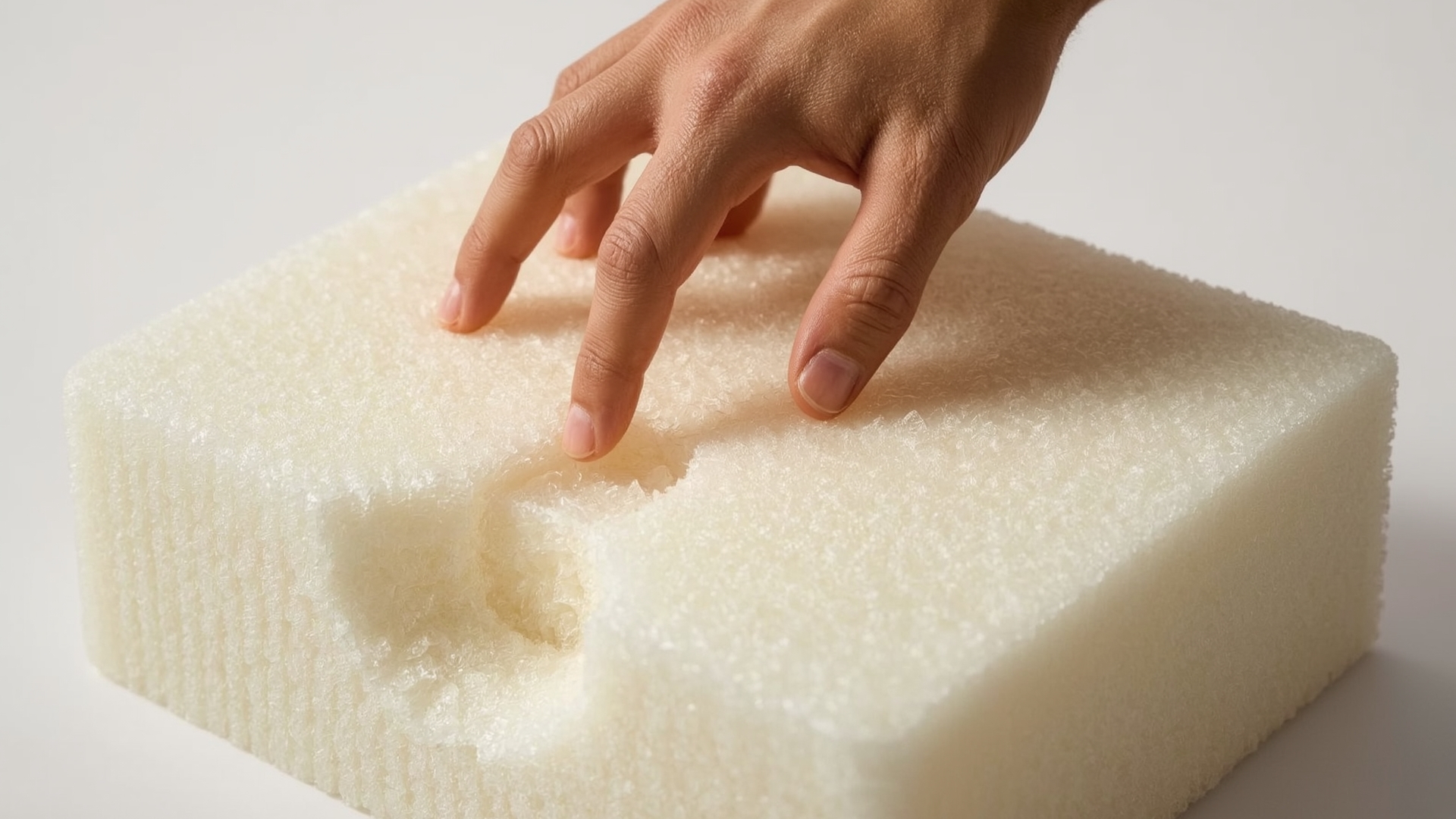 Hand pressing into foam cushion block demonstrating ILD firmness compression testing method