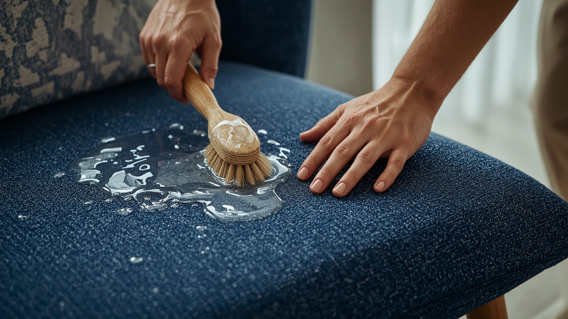 Hands scrubbing navy upholstery fabric with soapy brush showing easy stain removal cleaning process