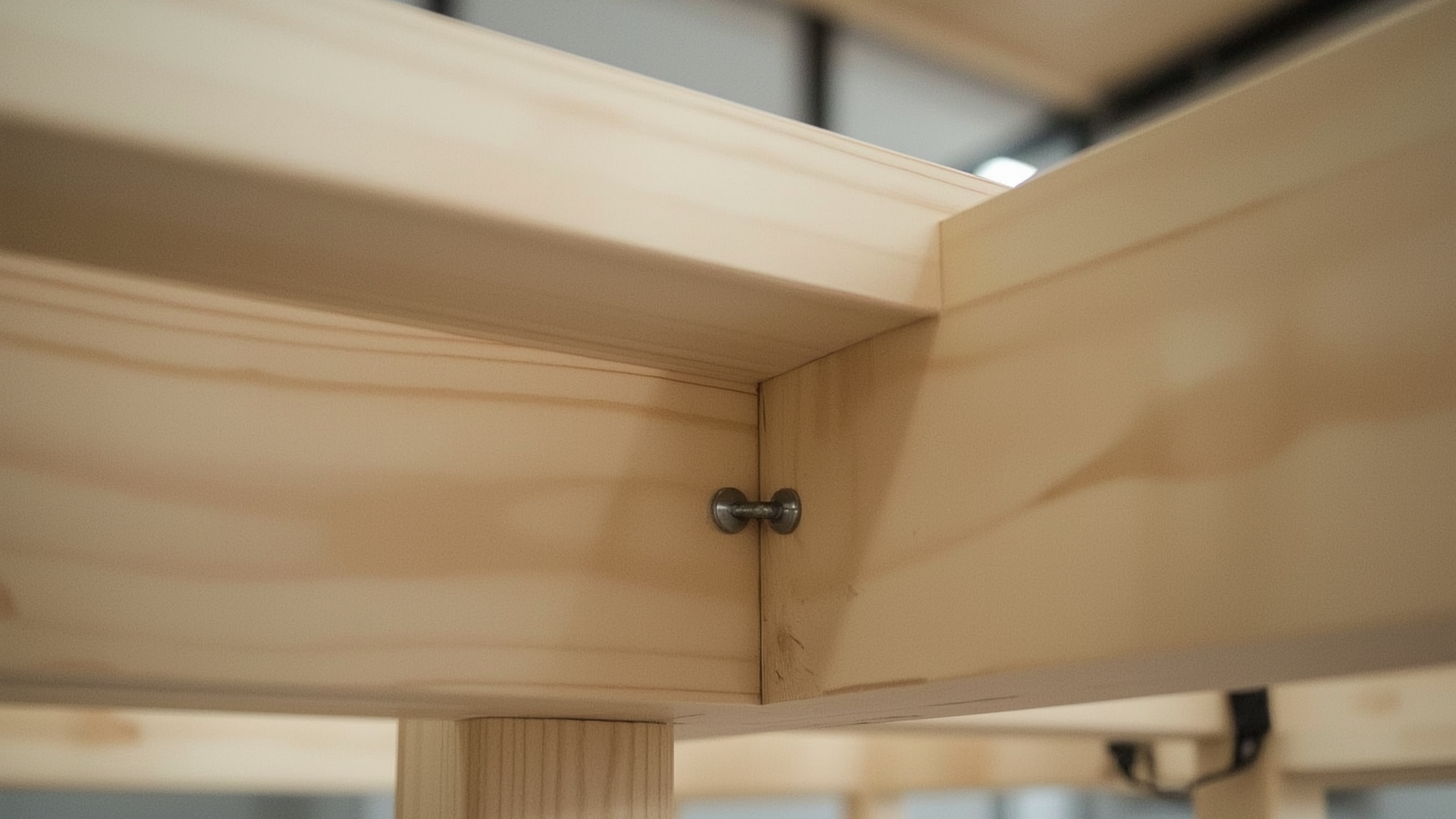 Interior sofa frame corner showing staple-only joinery on pine wood budget construction