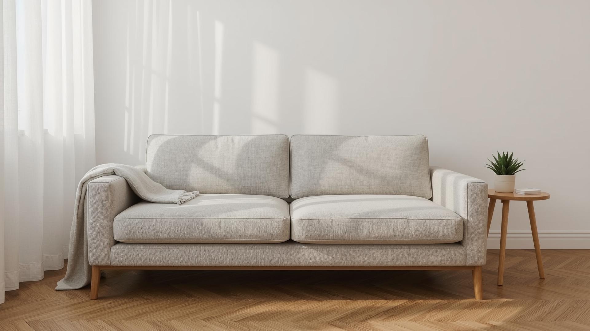 Light grey fabric sofa in a bright living room protected from direct sunlight with sheer curtains