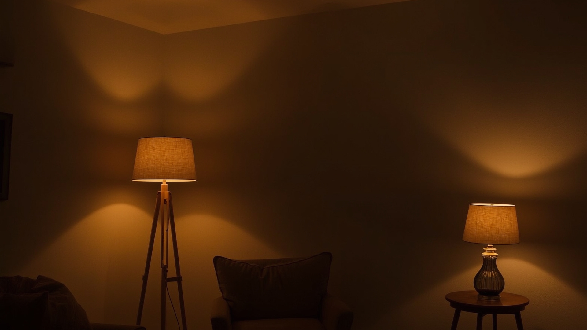 Living room lit entirely by floor lamps and table lamps without harsh overhead ceiling light