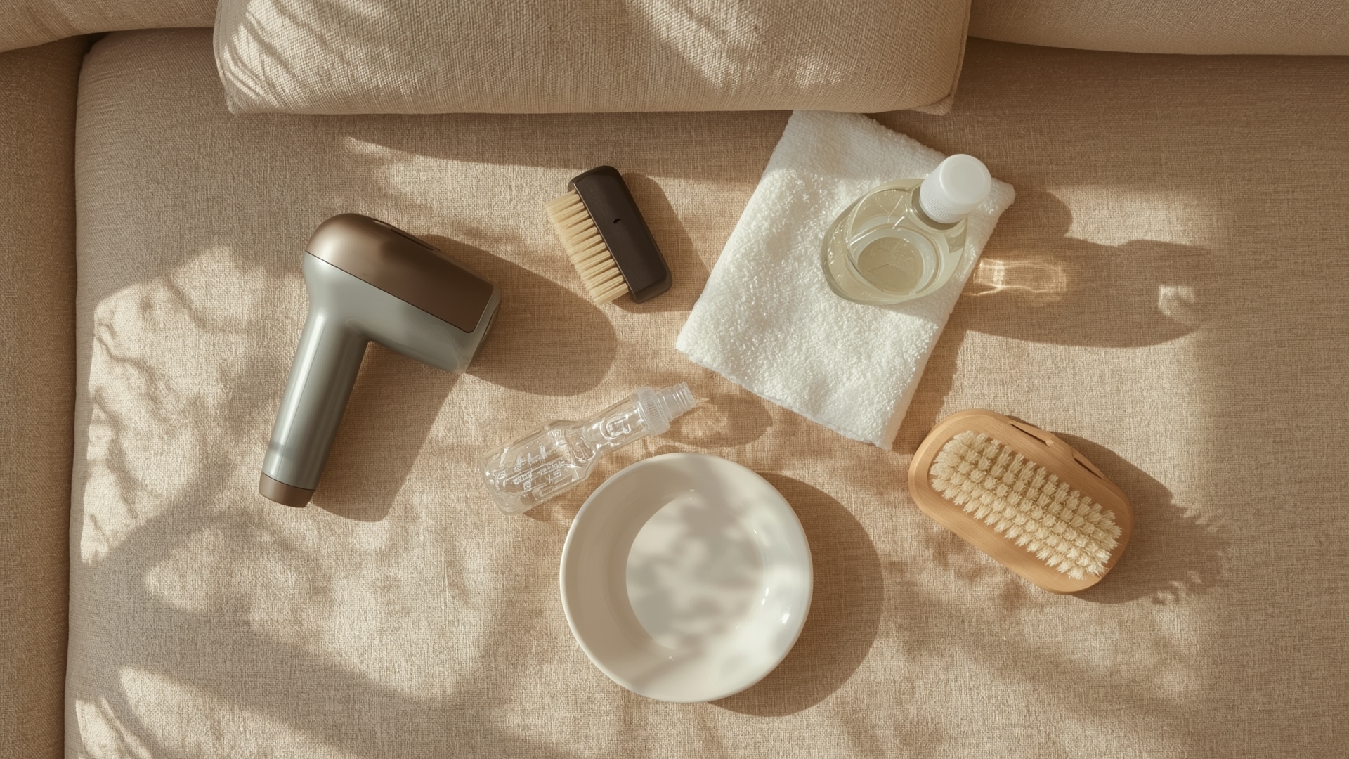Overhead flat lay of sofa cleaning and maintenance supplies arranged neatly on wood surface