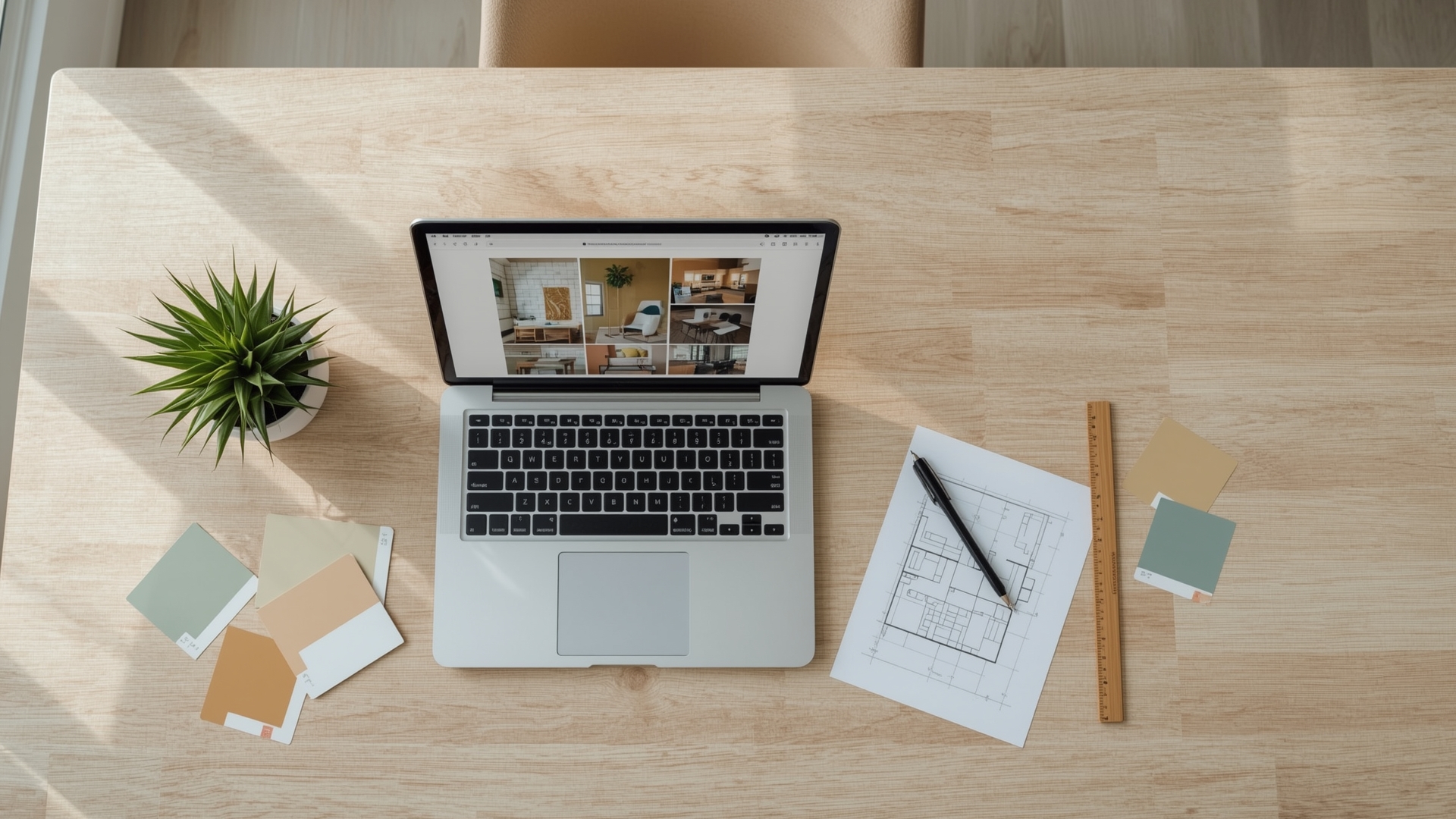 Overhead view of desk with laptop floor plan layout tools and color swatches