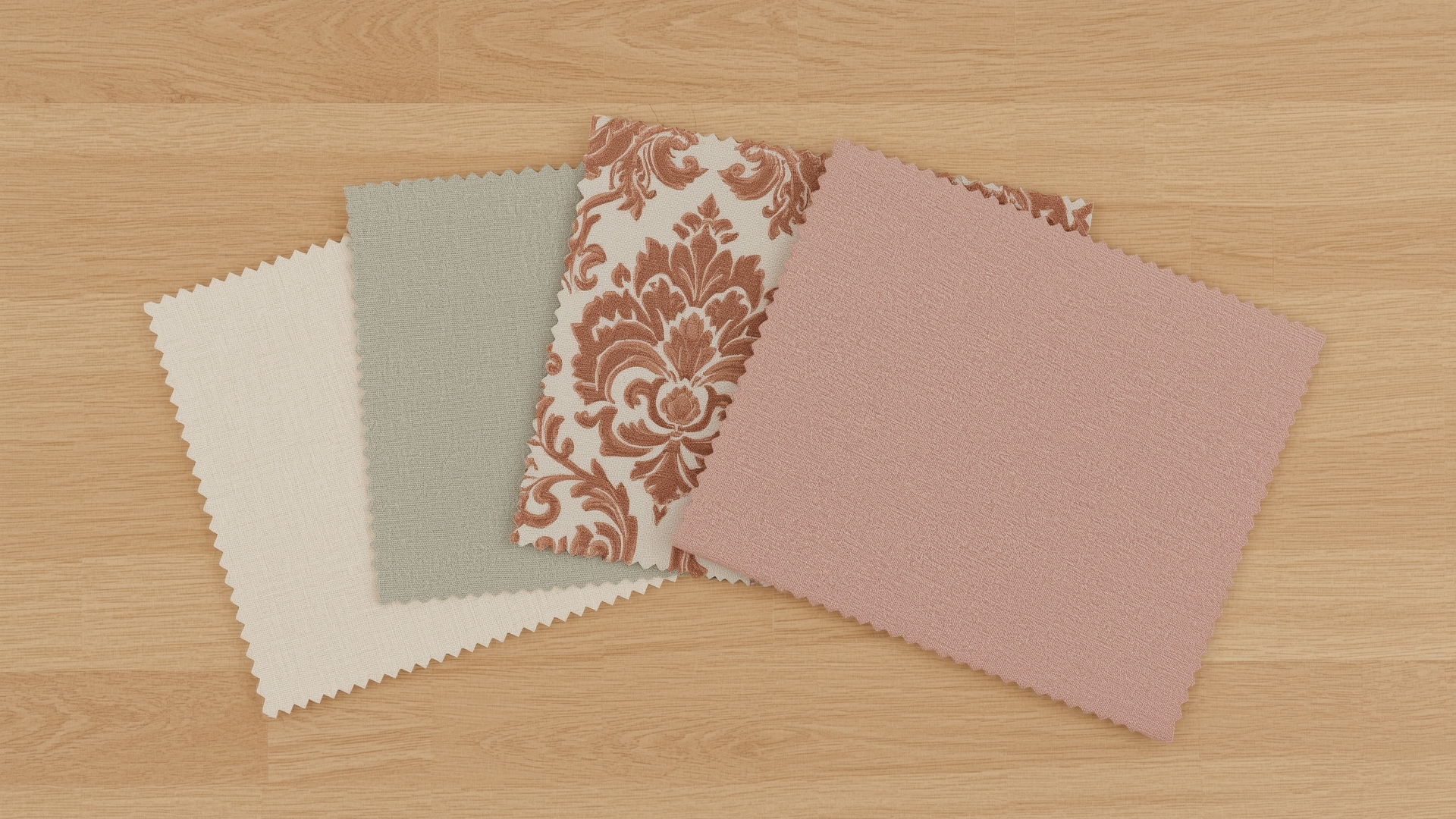 Overhead view of four upholstery fabric swatches showing different pattern repeat sizes