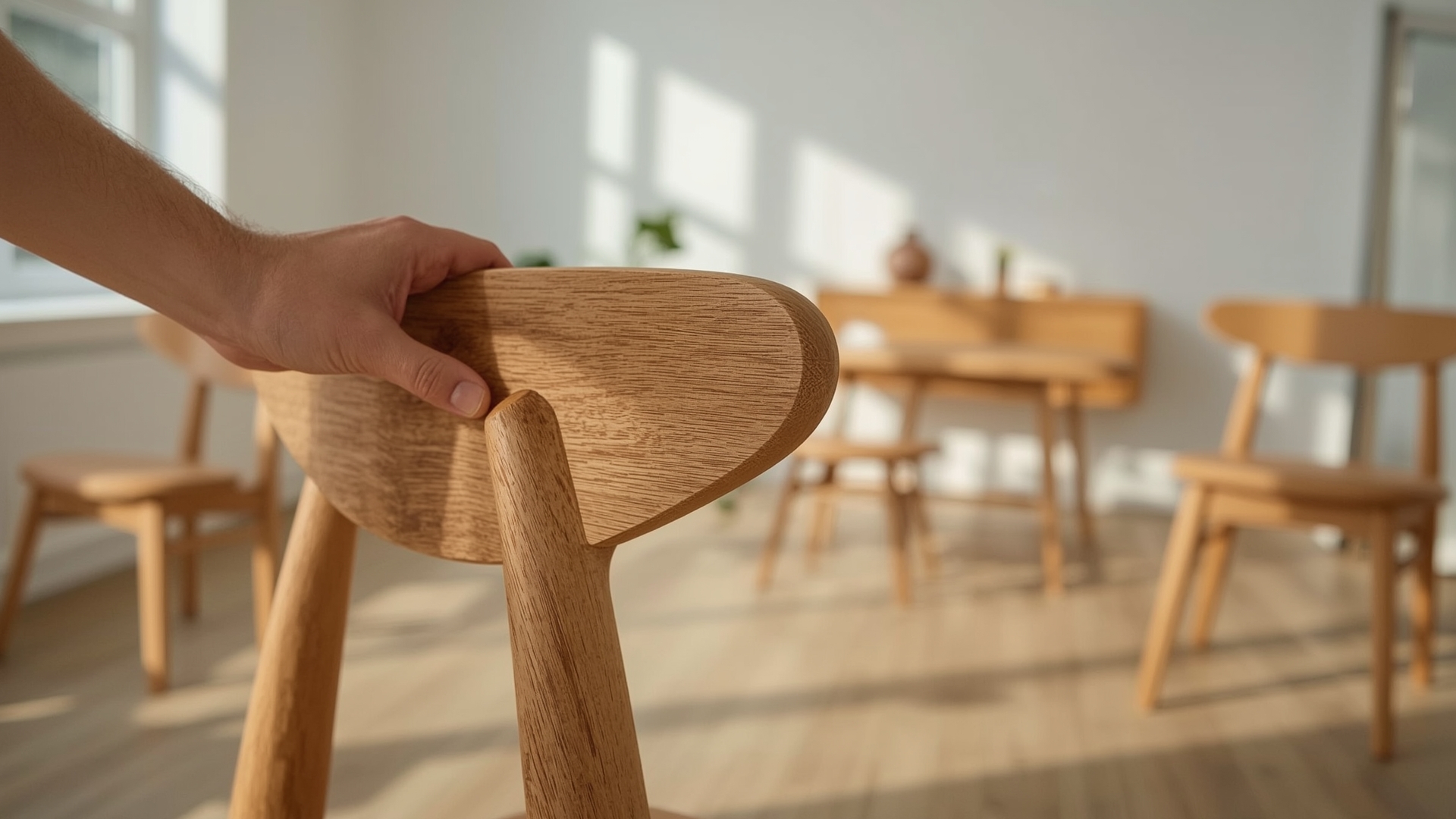 Person examining solid hardwood furniture joinery and wood grain quality in a showroom