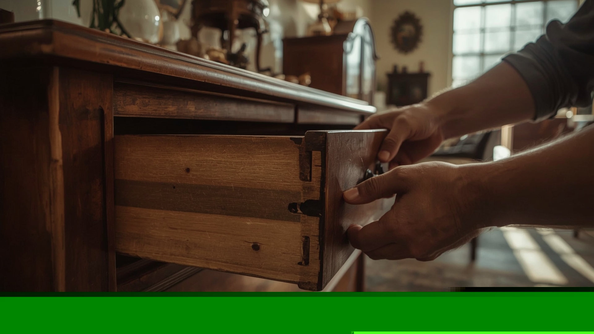Person inspecting dovetail drawer joints on vintage solid wood dresser at estate sale