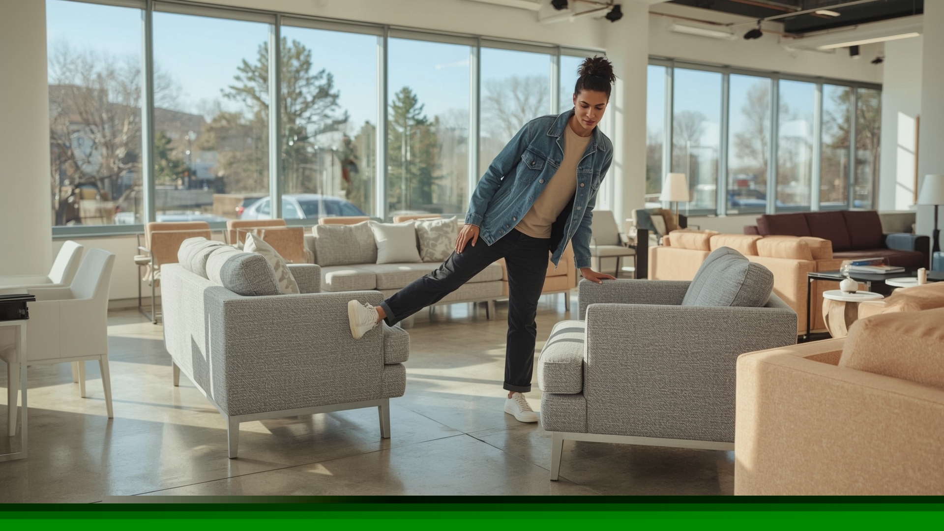 Person performing sofa frame twist test by lifting front leg in furniture showroom