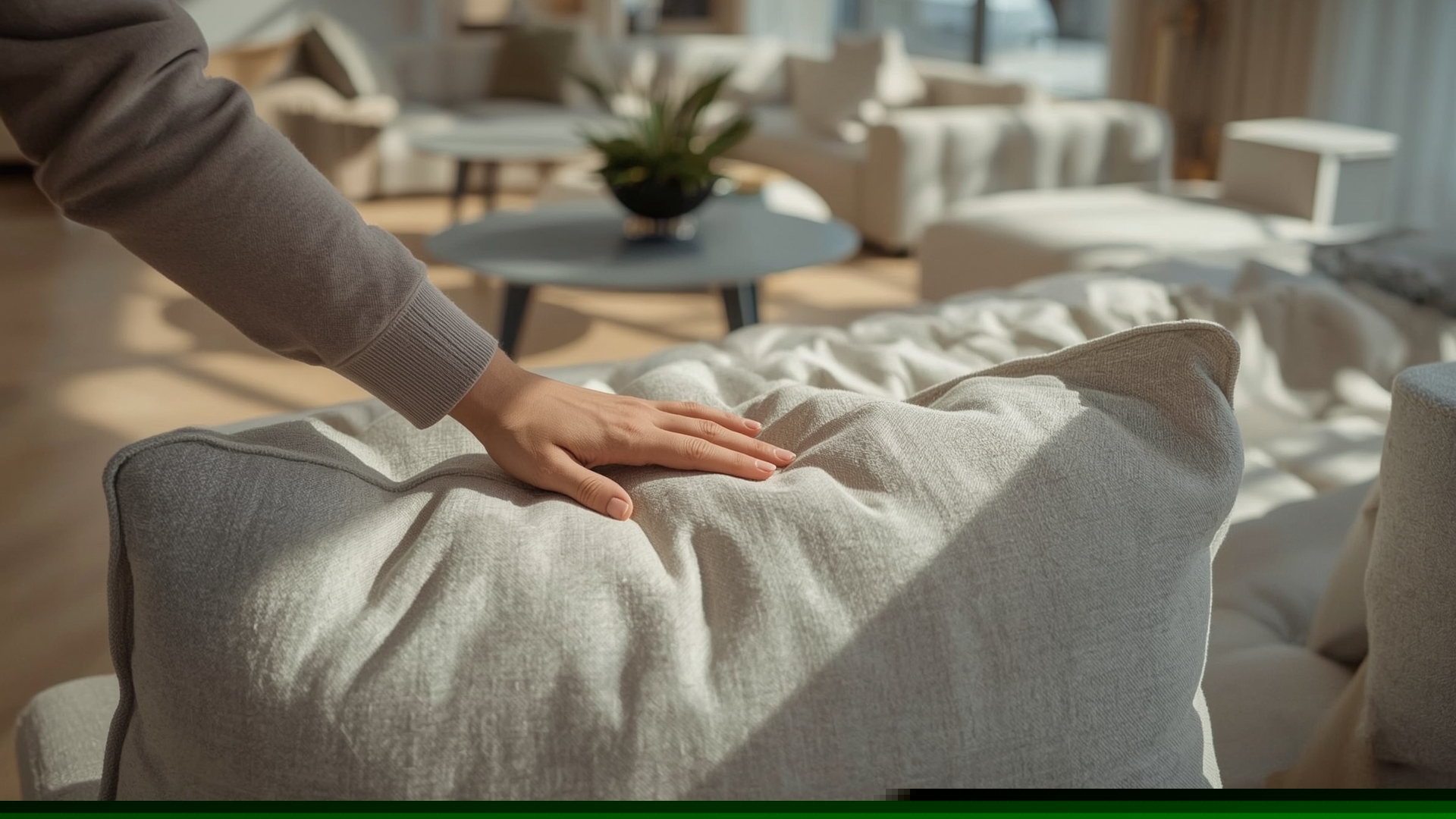 Person pressing hand into sofa cushion in furniture showroom to test foam quality and rebound