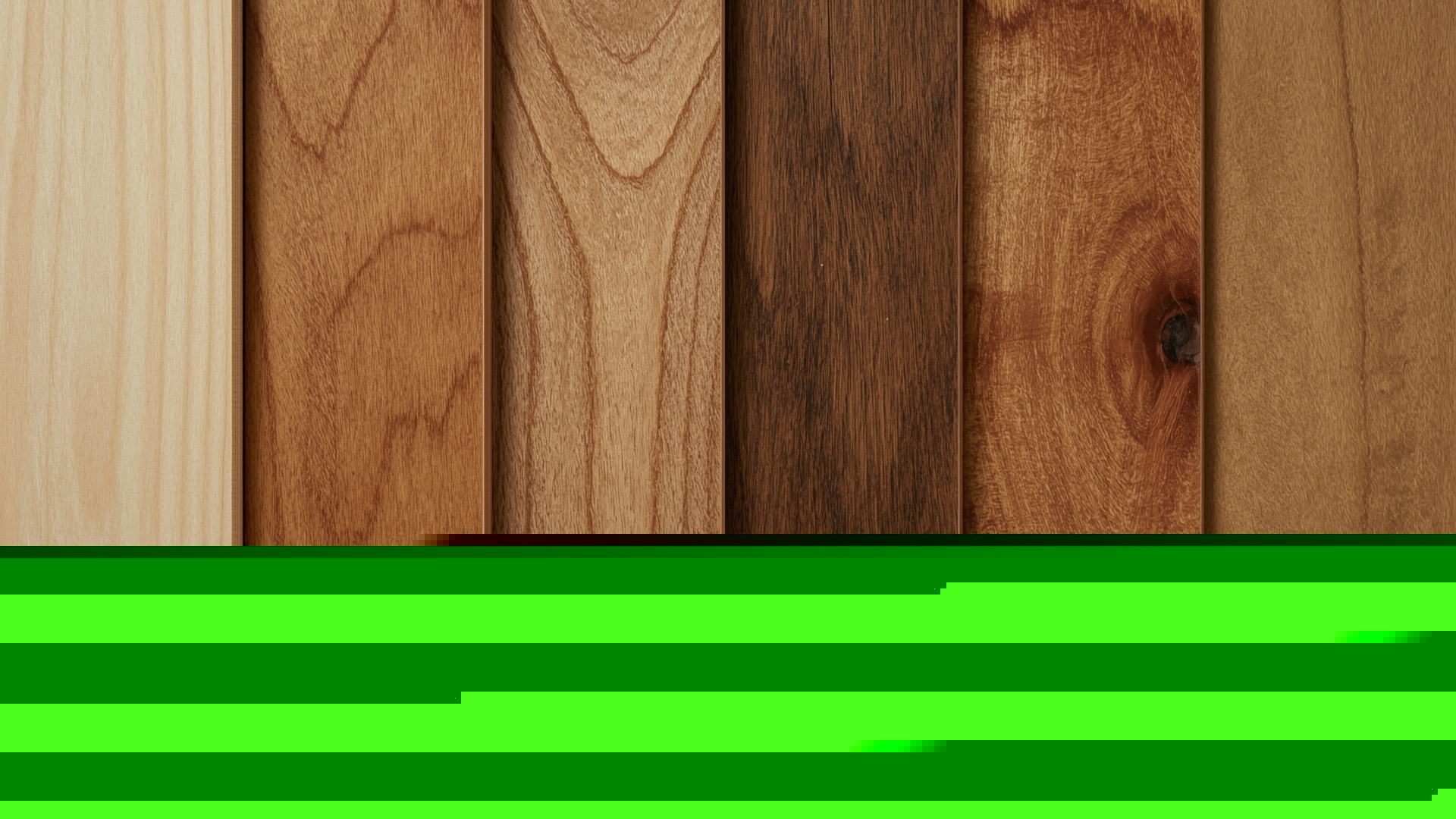 Six polished kiln-dried hardwood species samples showing different grain patterns and colors