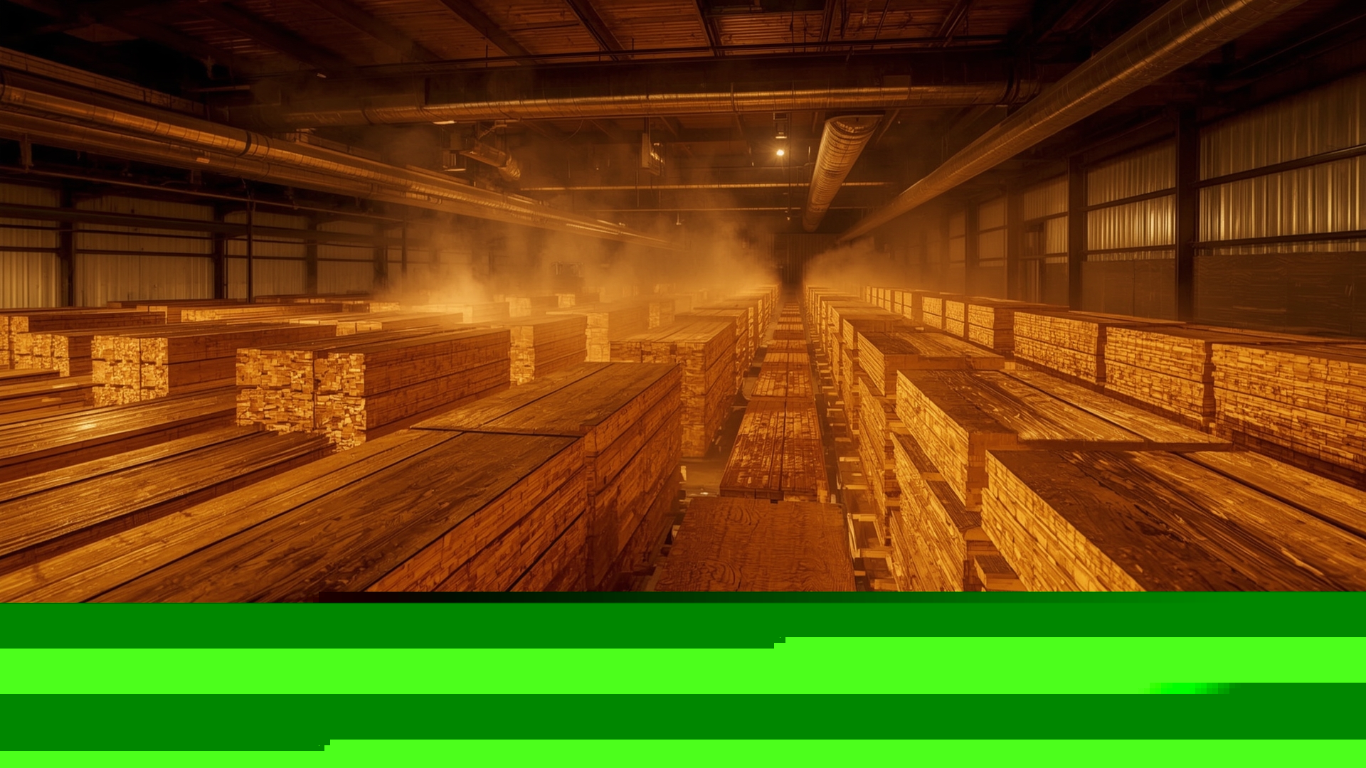 Stacked hardwood lumber boards inside a large commercial kiln drying facility