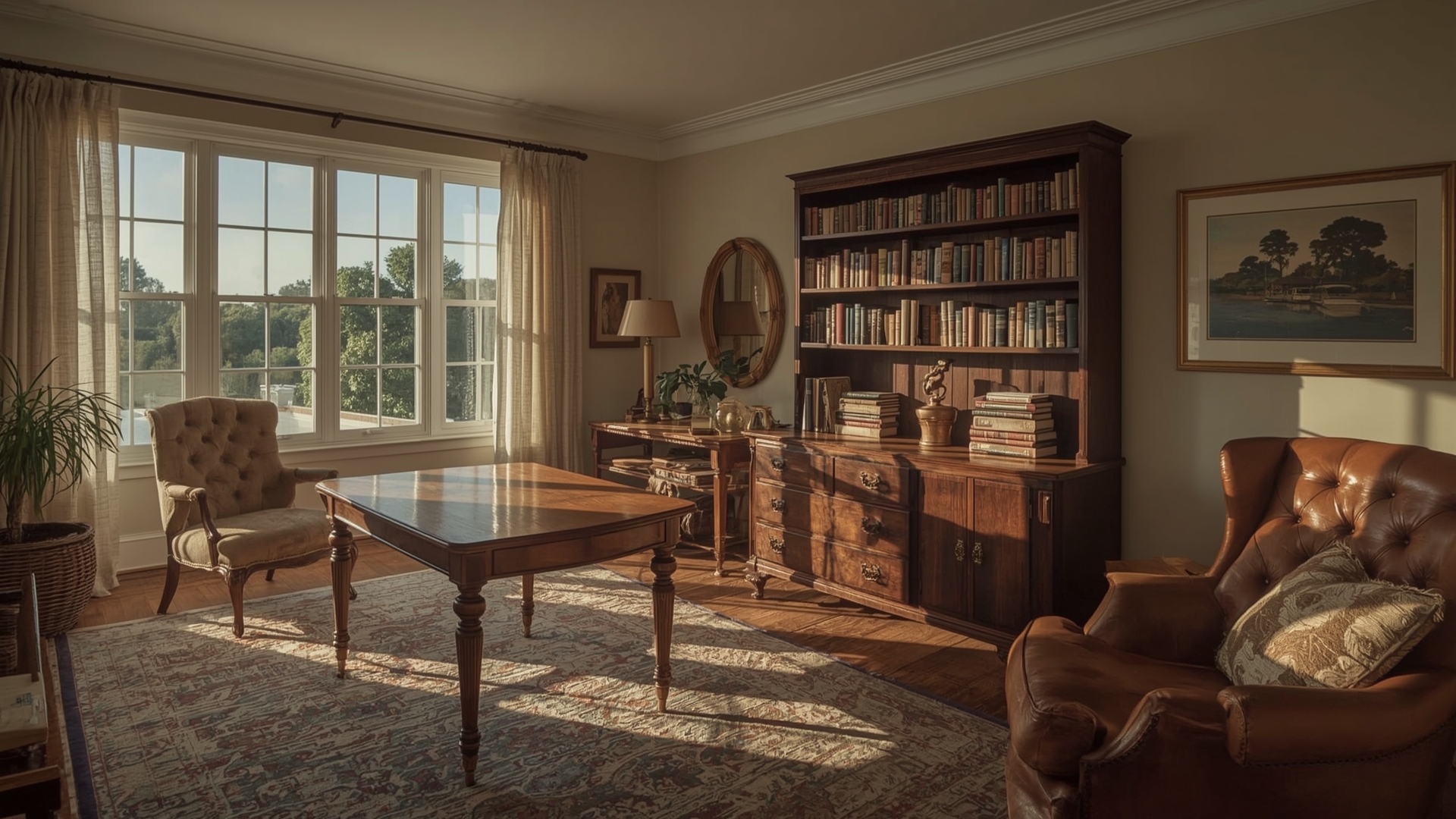 Sunlit estate sale room displaying quality vintage hardwood furniture including dining table and mid-century dresser