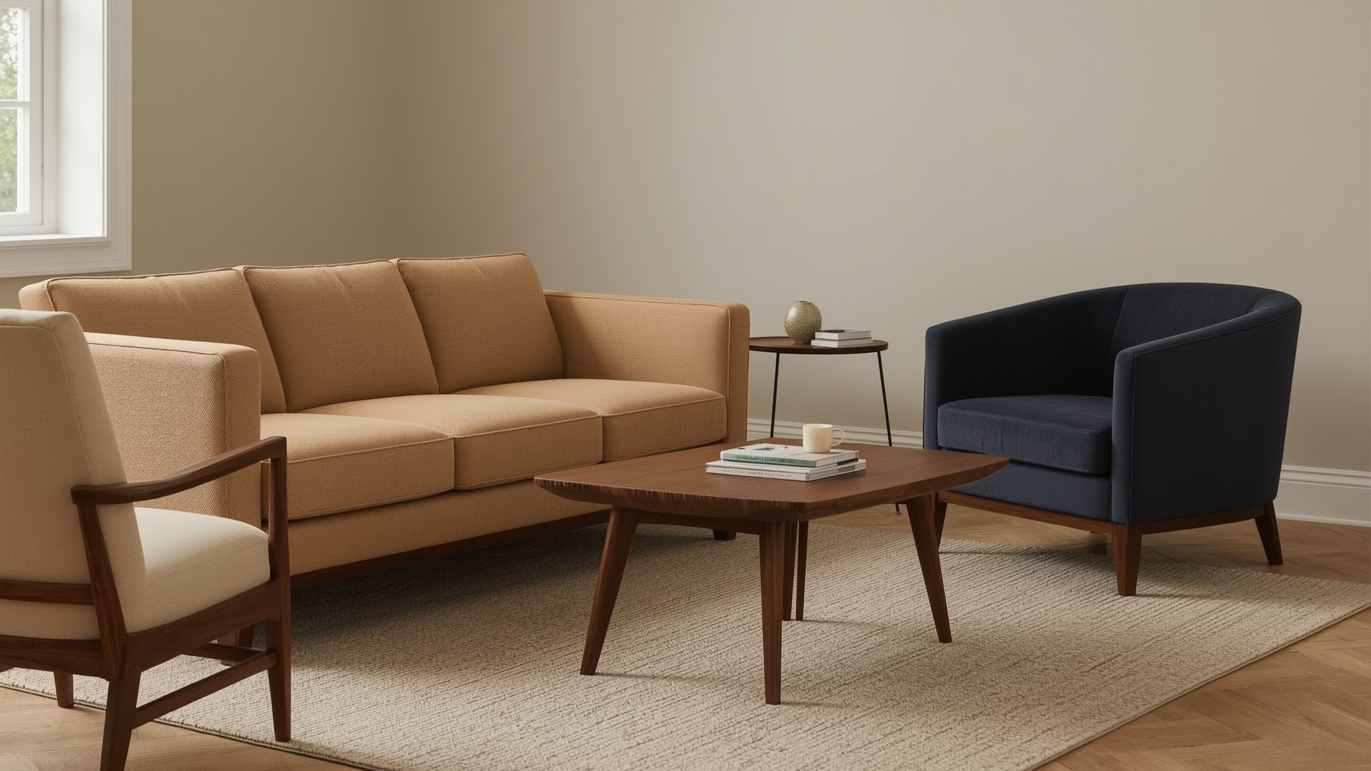Transitional style furniture pieces including sofa accent chair and coffee table in neutral tones