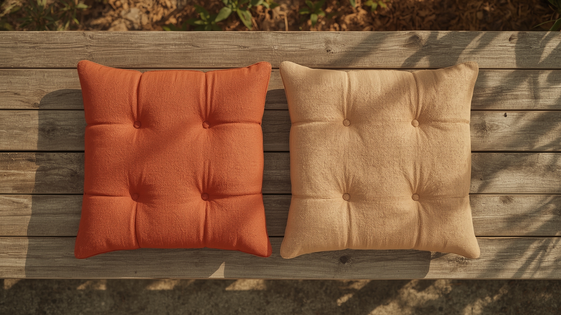 Two outdoor cushions side by side showing dramatic difference in fabric fade resistance over time