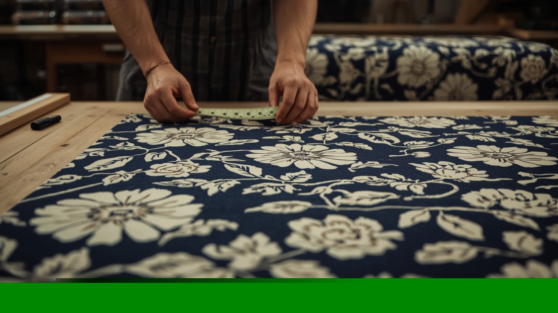 Upholsterer measuring pattern repeat on floral fabric at cutting table