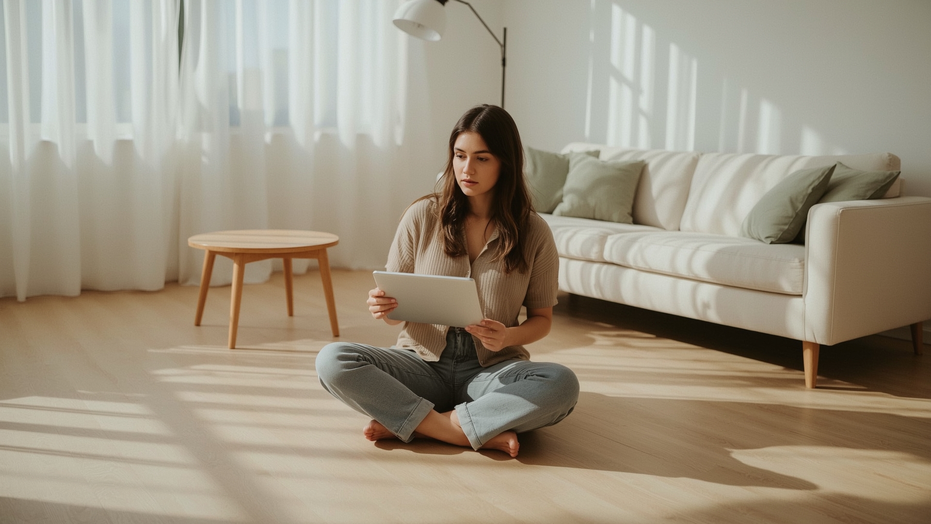 Woman using a digital room planning tool on tablet in modern living room
